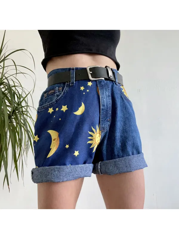 Fashion Moon Sun Print Loose Fit Denim Shorts - Cominbuy.com 