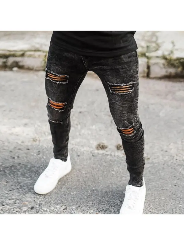 Denim Ripped Print Foot Pants - Ootdmw.com 