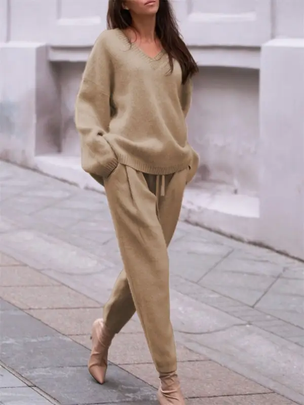 Ladies' Elegant Loose Shoulder V-neck Woolen Suit - Viewbena.com 