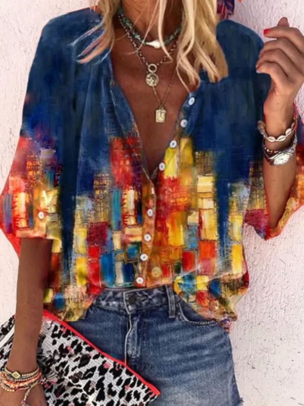 Casual  V-Neck 34 Sleeves Button Up Shirt Blouses - Plazabery.chimpone.com 