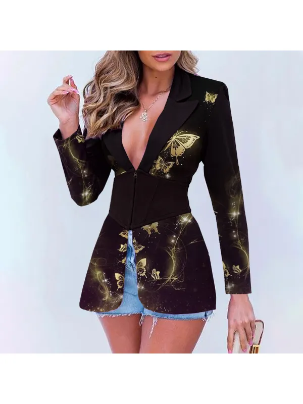 Women's Elegant Golden Butterfly Positioning Printing Waist Suit - Realyiyi.com 