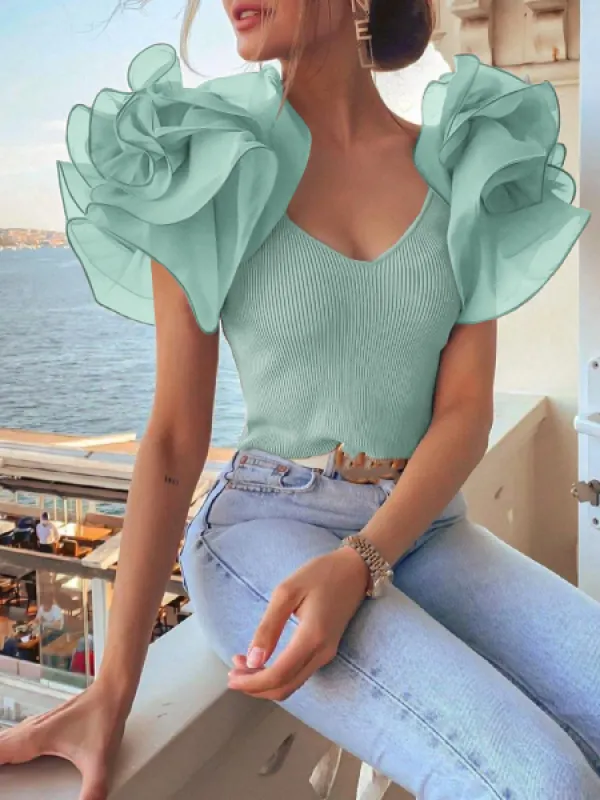 Fashion Ruffle V-neck Top - Oasisjoy.com 