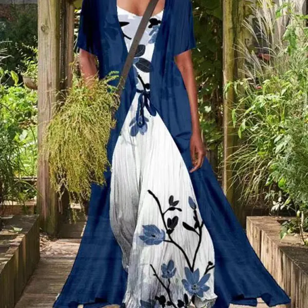 Casual Loose Floral Print Suit Short Sleeve Maxi Dress - Wayrates.com 