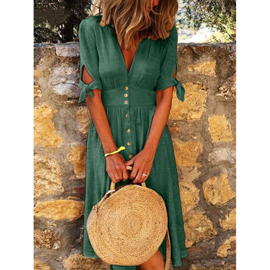 

V-neck Solid Color Cotton And Linen Midi Dress