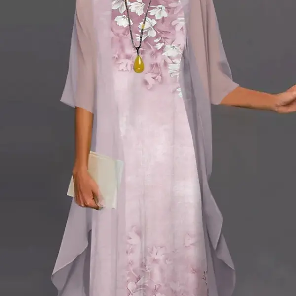 Round Neck Loose Casual Floral Print Loose Casual Suit Midi Dress - Wayrates.com 