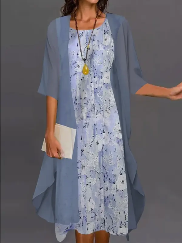 Round Neck Loose Casual Floral Print Loose Casual Suit Midi Dress - Oasisjoy.com 