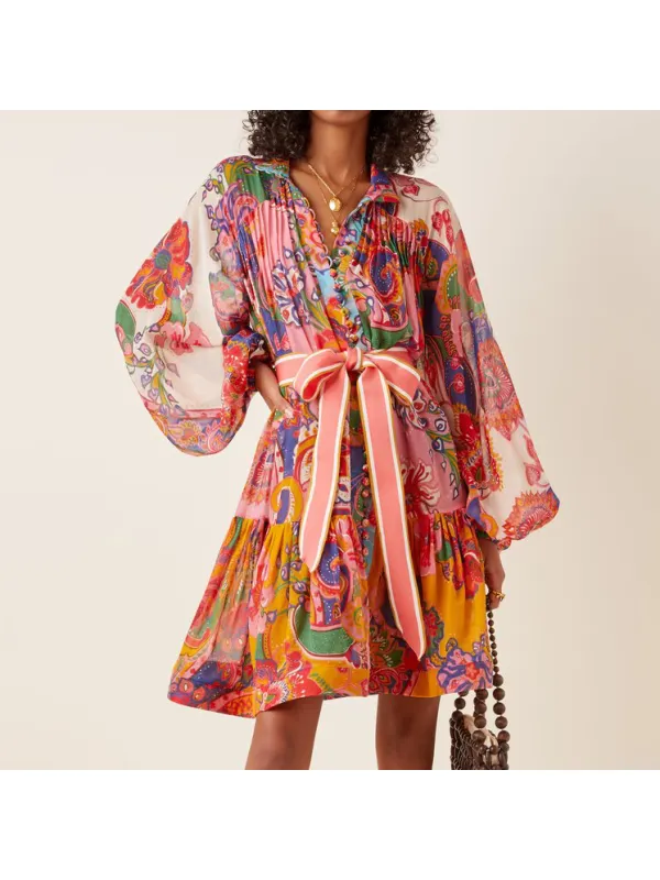 Fashion Long Sleeve Printed Mini Dress - Viewbena.com 