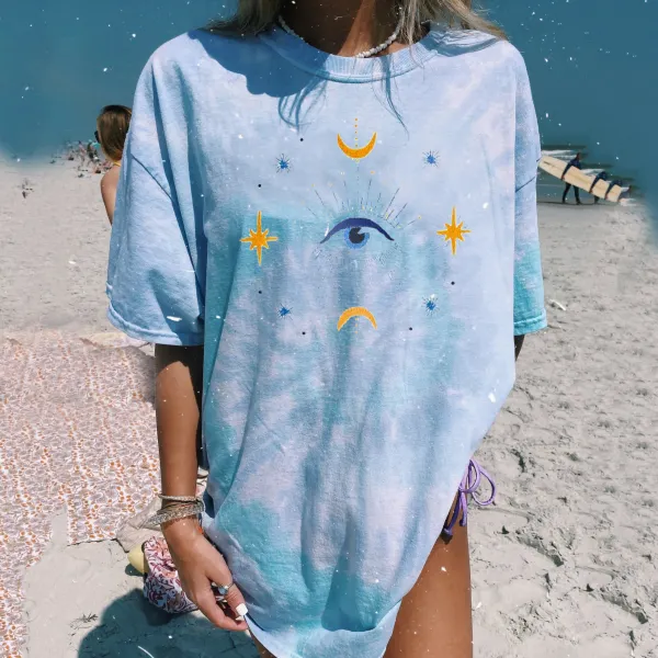 Casual tie-dye printed short sleeve long T-shirt - Leanarea.chimpone.com 