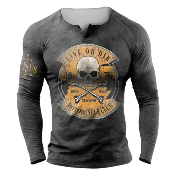 Motorcycle Club Racing Print Long Sleeve Henley Shirt - Wayrates.com 
