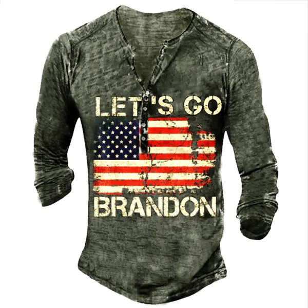 Let's Go Brandon Travel Vintage Henley Button Long Sleeve Shirt - Kalesafe.com 