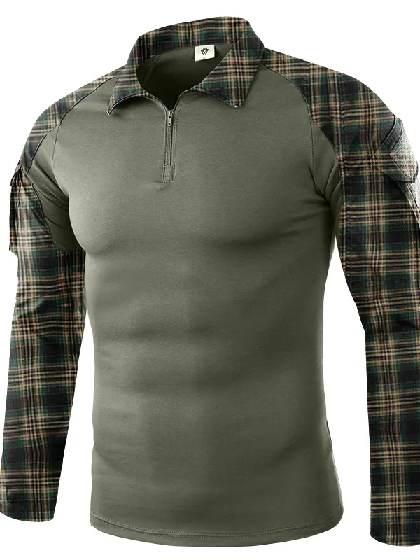Men Outdoor Tactical Check Stitching Pocket Shirt - Menbarn.com 