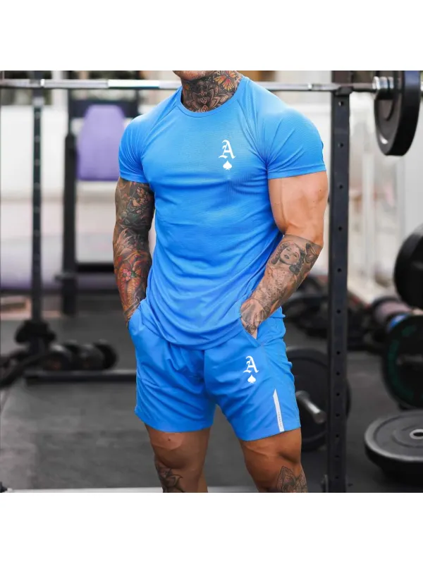 Men's Casual Round Neck Short Sleeve T-shirt Peach A Print Sports Suit - Anrider.com 