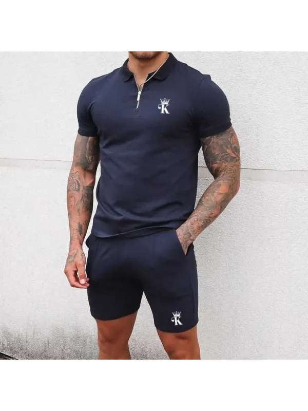 Men's Casual Polo Collar Zipper Short Sleeve T-shirt King Pattern Print Sports Suit - Timetomy.com 