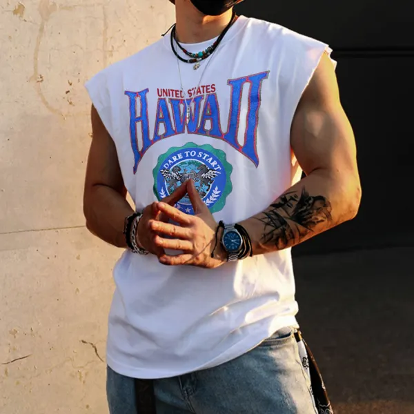 Retro Men's Hawaii Print Tank Top Oversized Sleeveless T-shirt - Ootdyouth.com 