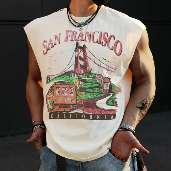 Retro Men's San Francisco Print Tank Top Oversized Sleeveless T-shirt - Ootdcowboys.com 