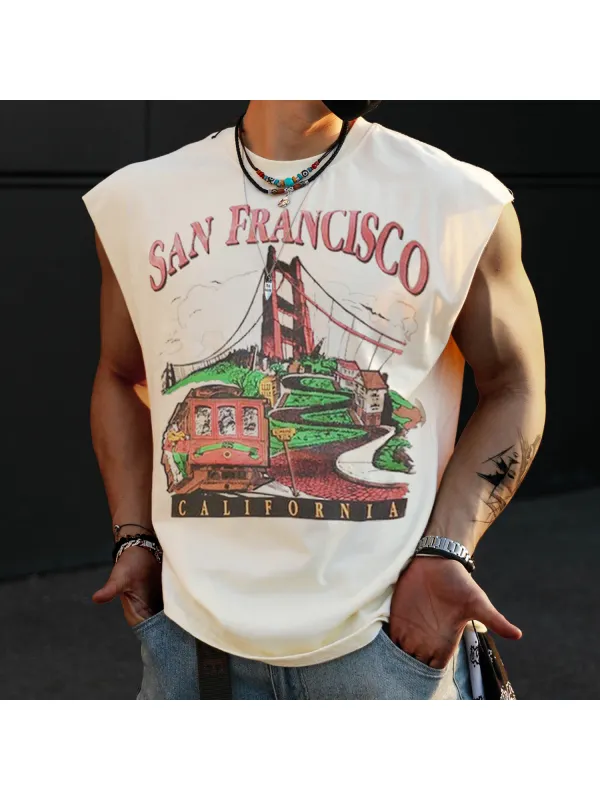 Retro Men's San Francisco Print Tank Top Oversized Sleeveless T-shirt - Ootdmw.com 