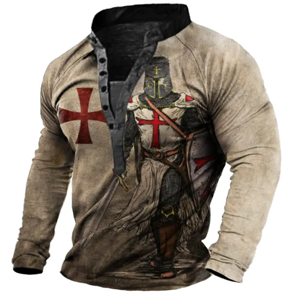 Men's Vintage Templar Cross Long Sleeve Henley T-Shirt - Elementnice.com 