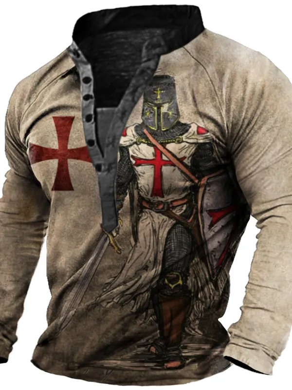 Men's Vintage Templar Cross Long Sleeve Henley T-Shirt - Menbarn.com 