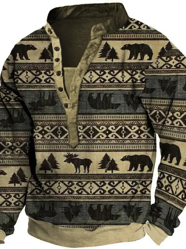 Men's Vintage Ethnic Geometric Animal Henley Sweatshirt - Simplyion.com 