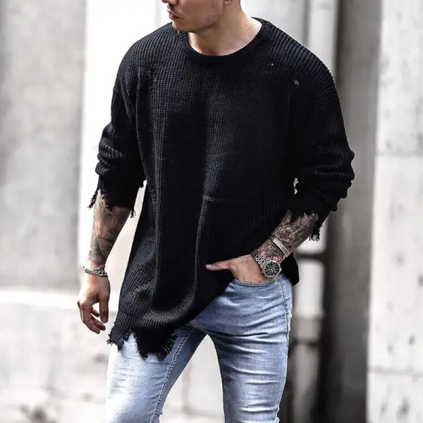 Men's trend black long-sleeved knitted top - Keymimi.com 