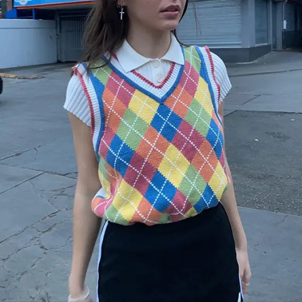 All-match rainbow contrast sweater vest - Leanarea.chimpone.com 