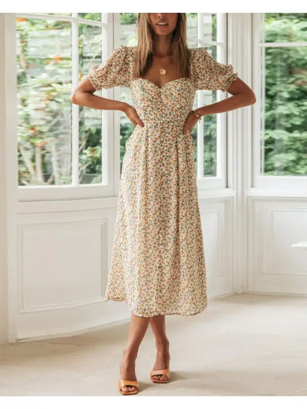 Women's Puff Sleeve Printed Slit Dress - Geocici.com 