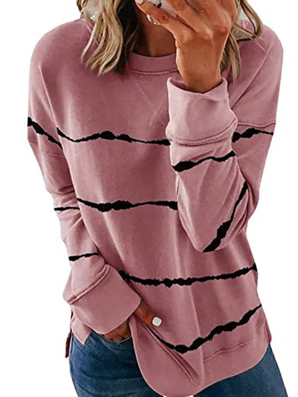 Round Neck Striped Long Sleeve T-shirt - Miuwell.com 