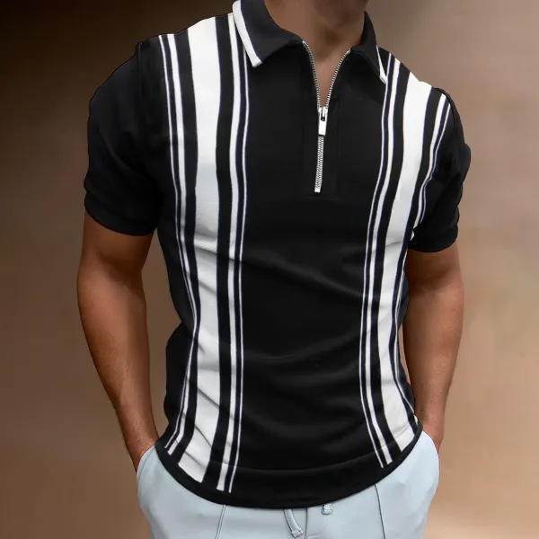 New Mens Holiday Black Solid Color Zipper Casual Polo Shirt - Keymimi.com 