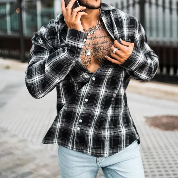 Street Trendy Plaid Texture Early Autumn Long-sleeved Shirt - Bustalent.com 