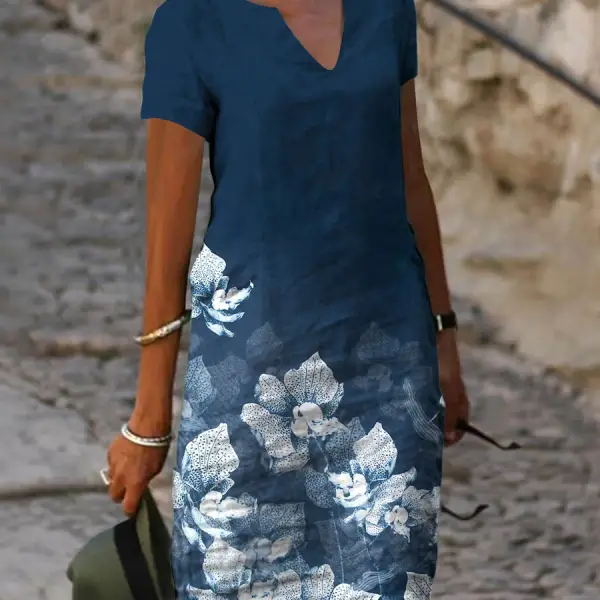 V-neck Floral Print Loose Casual Short-sleeved Shift Dress - Kalesafe.com 