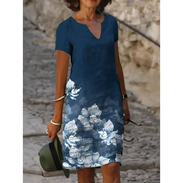 V-neck Floral Print Loose Casual Short-sleeved Shift Dress - Honeylop.chimpone.com 