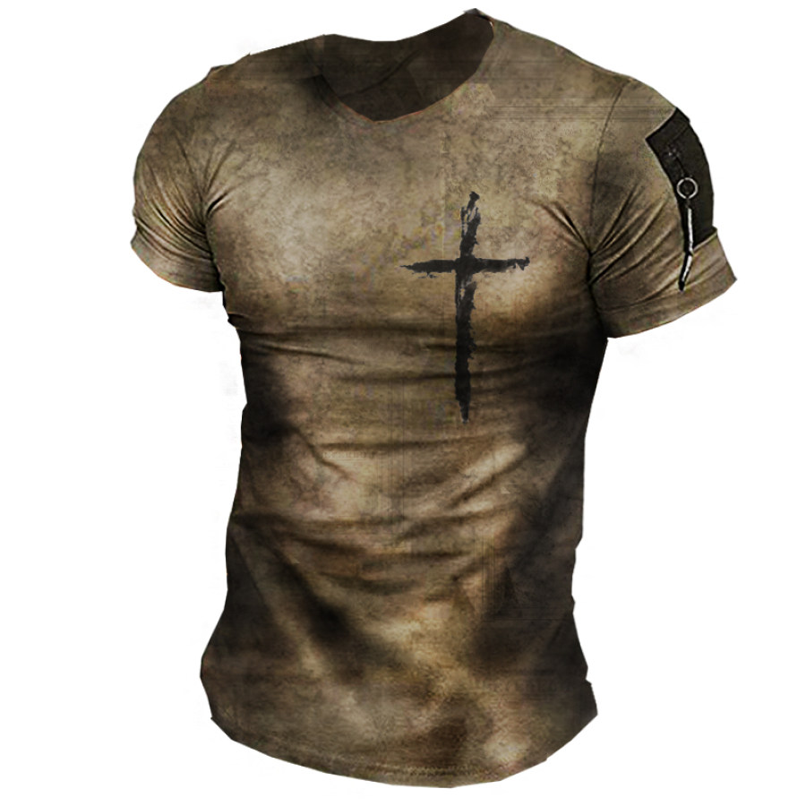 

Mens Retro Casual Cross Print T-shirt