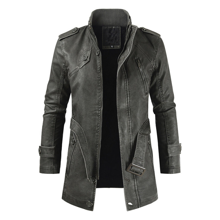 

Men's Mid-length Casual Fashion PU Leather Jacket Stand-collar Slim Youth Windbreaker