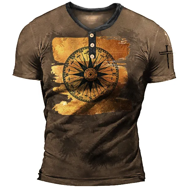 Brushed Gold Compass Rose Men's Vintage Nautical Henry Henley T-Shirt - Cotosen.com 