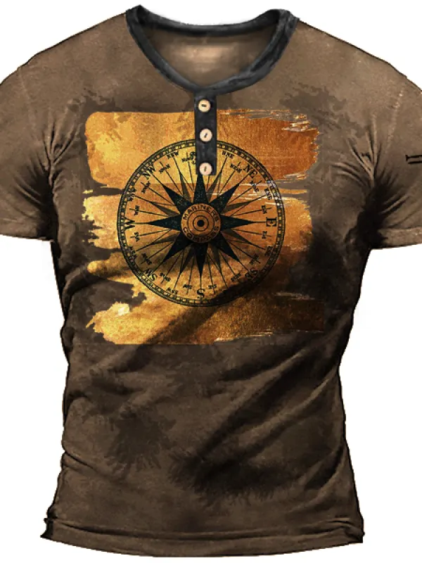 Brushed Gold Compass Rose Men's Vintage Nautical Henry Henley T-Shirt - Menbarn.com 