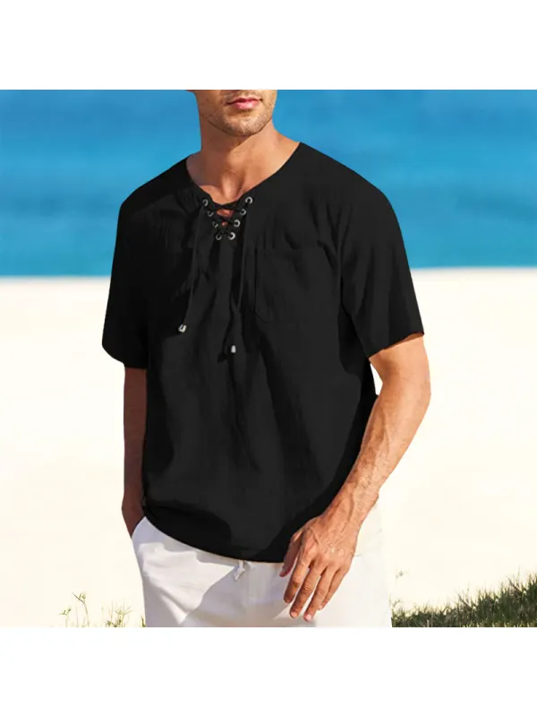 Men's Tie Pocket Loose V-Neck Solid Short Sleeve Shirt - Anrider.com 