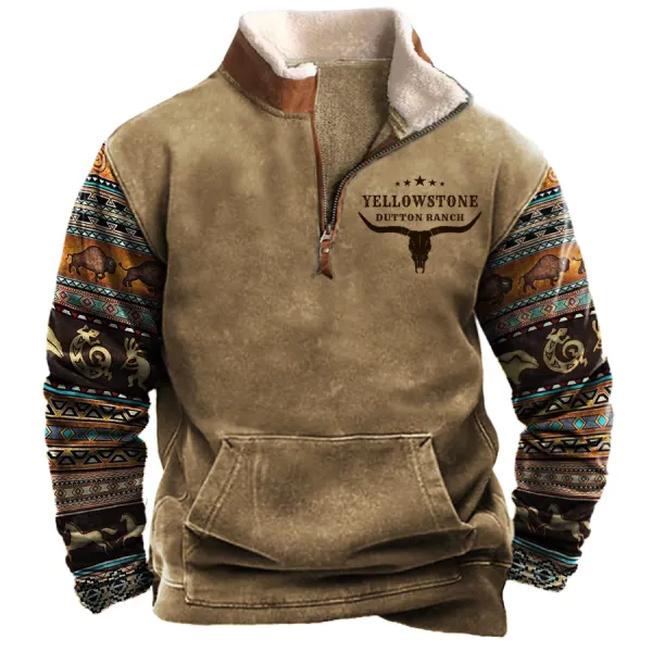 Men's Vintage Western Yellowstone Colorblock Quarter Zip Stand Collar Sweatshirt 