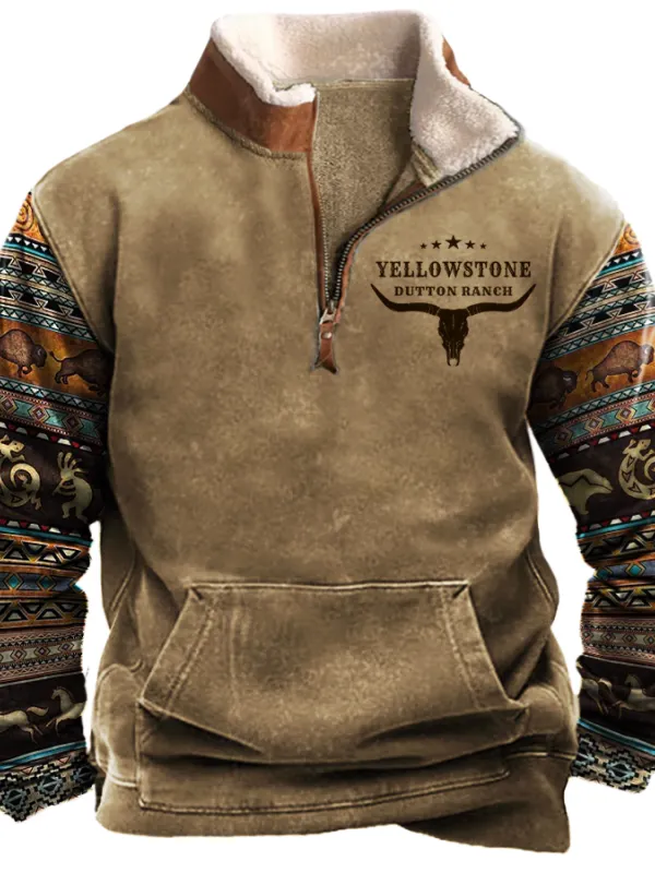 Men's Vintage Western Yellowstone Colorblock Quarter Zip Stand Collar Sweatshirt 