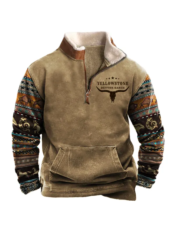 Men's Vintage Western Yellowstone Colorblock Zipper Stand Collar Sweatshirt - Machoup.com 