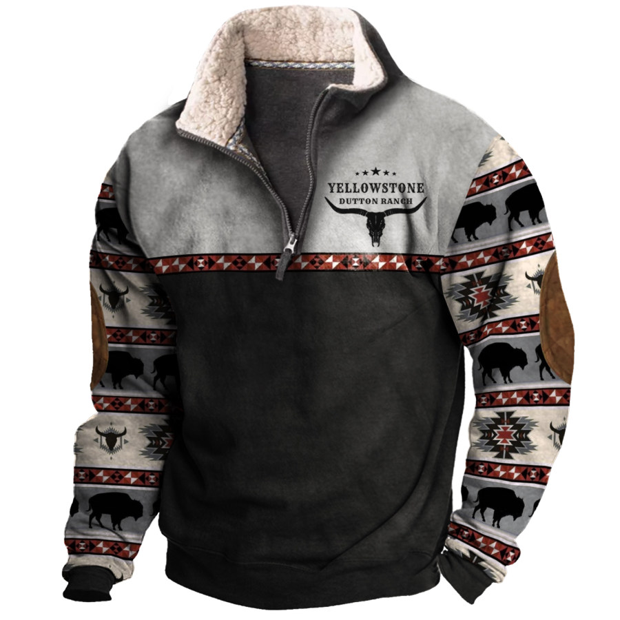 

Men's Vintage Western Yellowstone Colorblock Zipper Stand Collar Sweatshirt