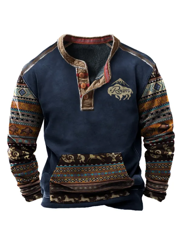 Men's Vintage Western Cowboy Colorblock Henry Collar Sweatshirt - Machoup.com 