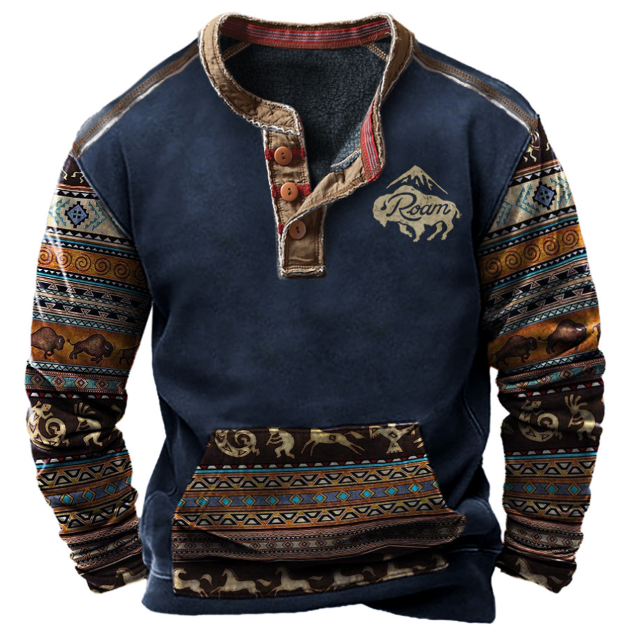 

Men's Vintage Western Cowboy Colorblock Henry Collar Sweatshirt