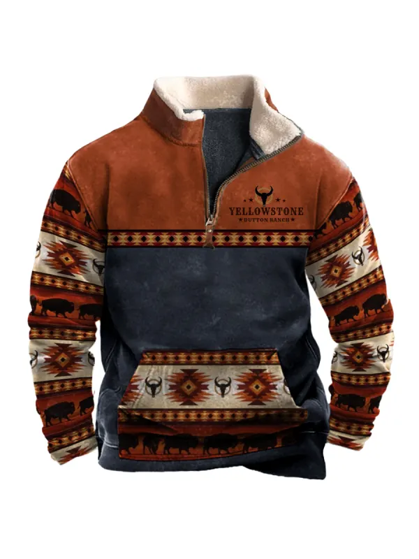 Men's Vintage Western Yellowstone Colorblock Zipper Stand Collar Sweatshirt - Realyiyi.com 