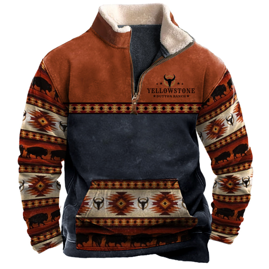

Men's Vintage Western Yellowstone Colorblock Zipper Stand Collar Sweatshirt