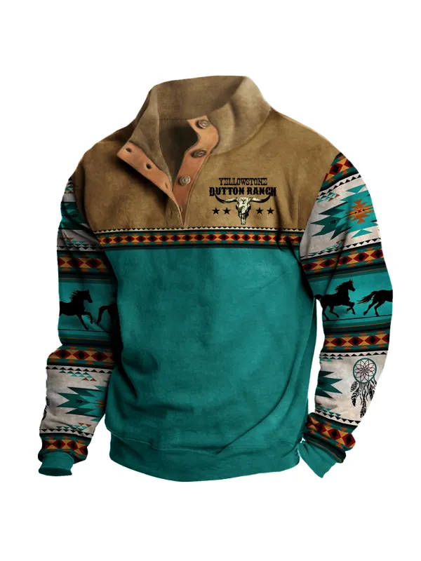 Men's Vintage Western Yellowstone Colorblock Zipper Stand Collar Sweatshirt - Viewbena.com 