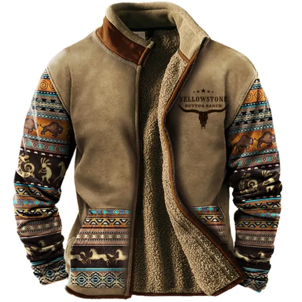 Men's Aztec Jacket Vintage West Yellowstone Colorblock Sherpa Wool Zipper Stand Collar Fleece Jacket - Manlyhost.com 
