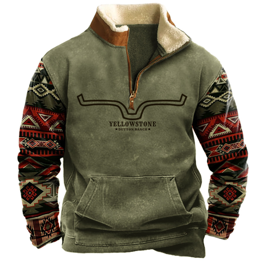 

Men's Vintage Western Yellowstone Colorblock Zipper Stand Collar Sweatshirt