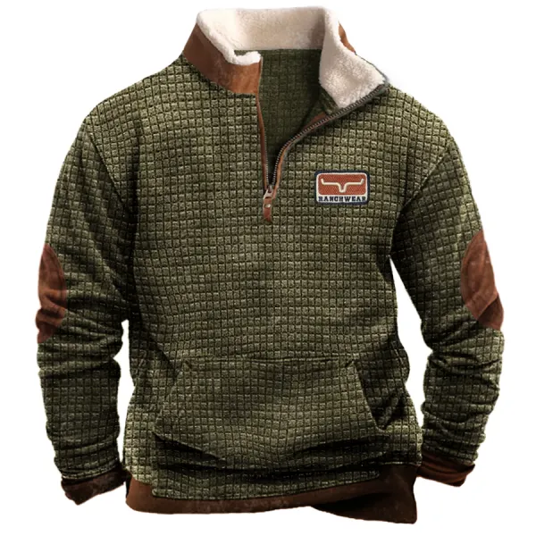 Men's Vintage Western Thick Waffle Fabric Zipper Stand Collar Sweatshirt - Chrisitina.com 
