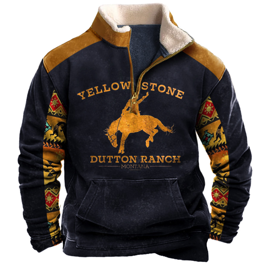 

Men's Vintage Western Yellowstone Colorblock Zipper Stand Collar Sweatshirt