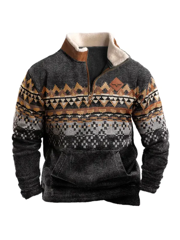 Men's Vintage Western Ethnic Style Zipper Stand Collar Sweatshirt - Machoup.com 
